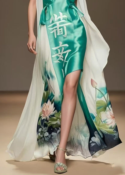 Lake Green Asymmetrical Patchwork Silk Vacation Dresses Summer