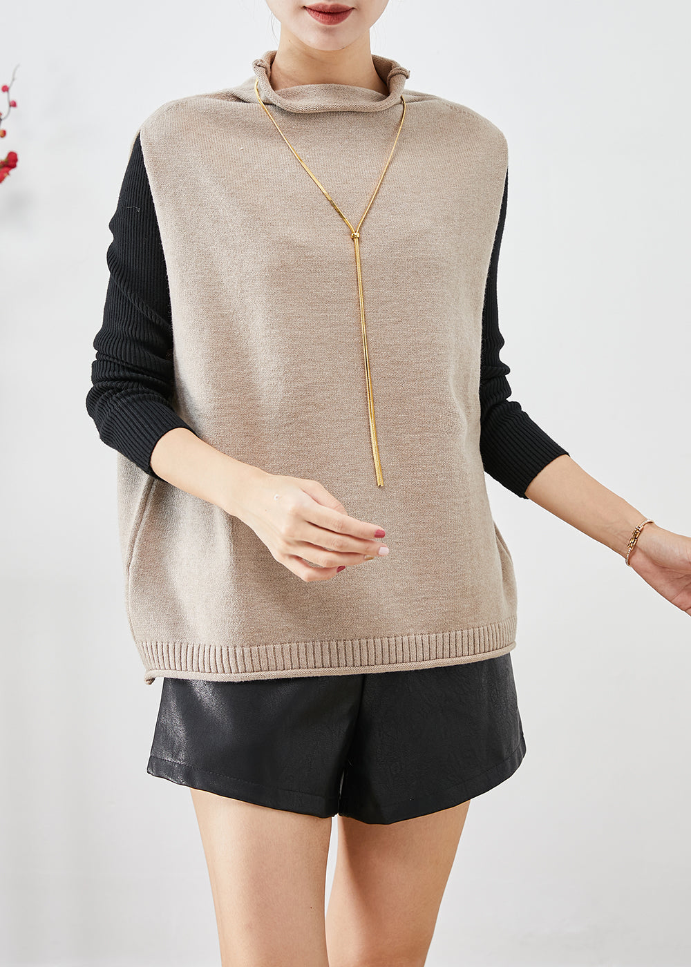 Khaki Turtle Neck Thick Wool Knit Vests Winter