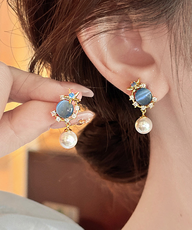 Vogue Blue Copper Overgild Zircon Pearl Cat's Eye Stone Drop Earrings
