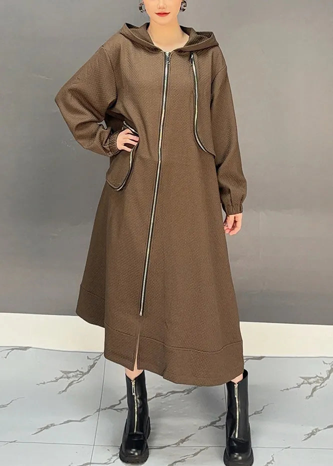 Coffee Patchwork Zippered Hooded Maxi Trench Coat Spring