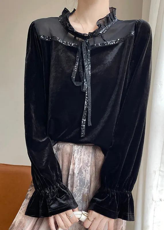 Fine Black Ruffled Lace Upsilk Velour Shirt Flare Sleeve