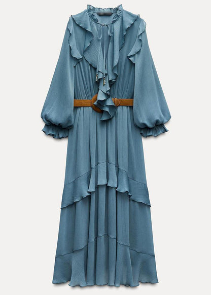 New Blue Ruffled Sashes Chiffon Long Dresses Fall