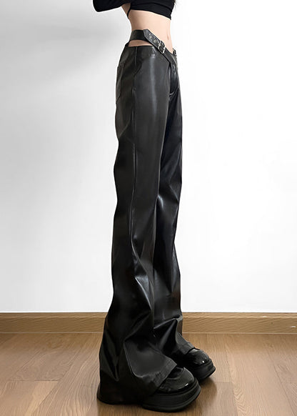 Handmade Black Patchwork Faux Leather Pants Spring
