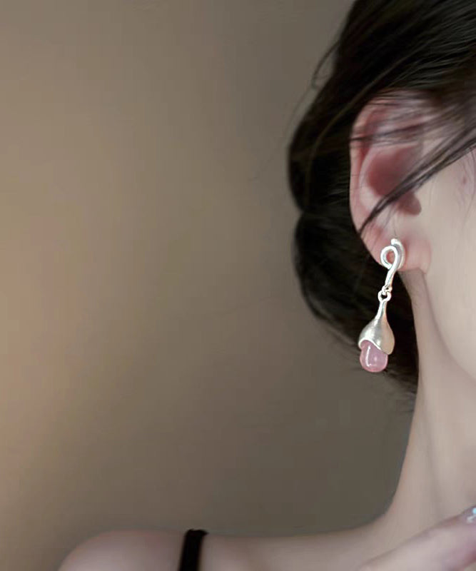 Pink Sterling Silver Cat Eye Stone Tassel Drop Earrings