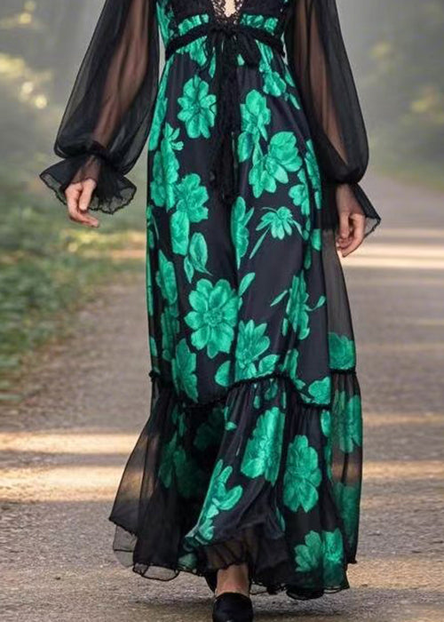 Black V Neck Print Chiffon Long Dresses Butterfly Sleeve