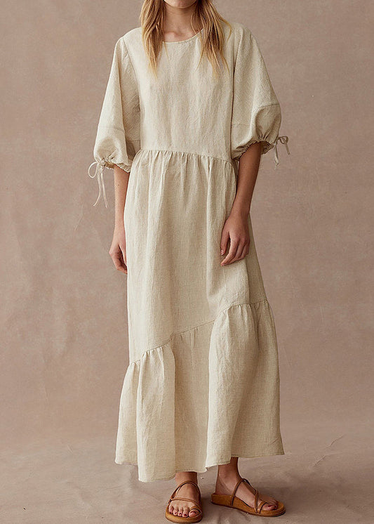 New Apricot O Neck Patchwork Linen Dress Lantern Sleeve