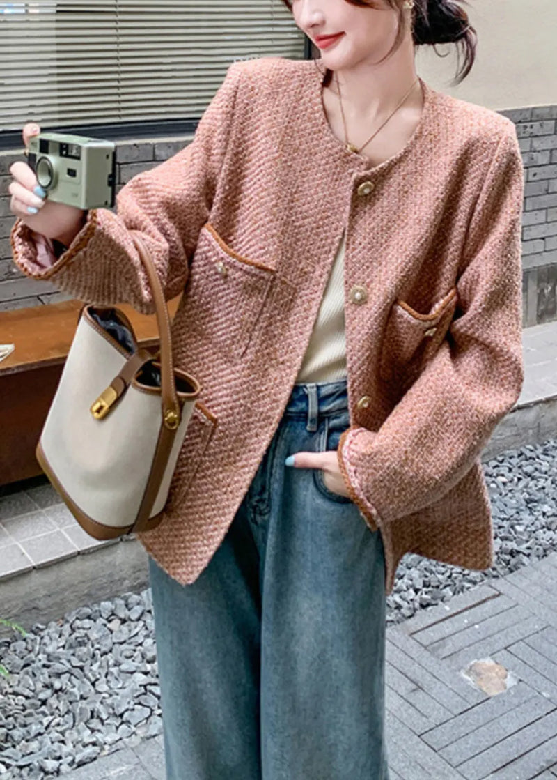 Pink O Neck Button Pockets Coat Fall