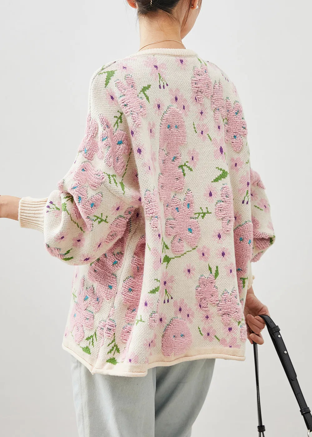 Light Pink Oversized Jacquard Knit Cardigans Winter