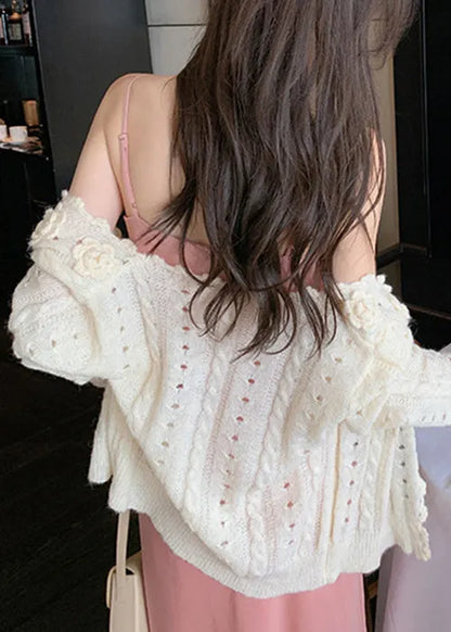 Beige V Neck Hollow Out Knit Cardigans Winter