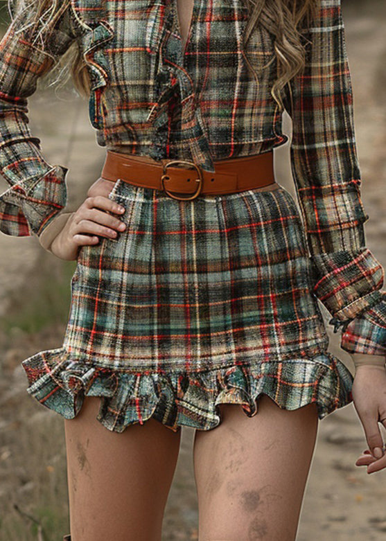 Ruffled Plaid Pastoral Style Long Sleeve Mini Dress