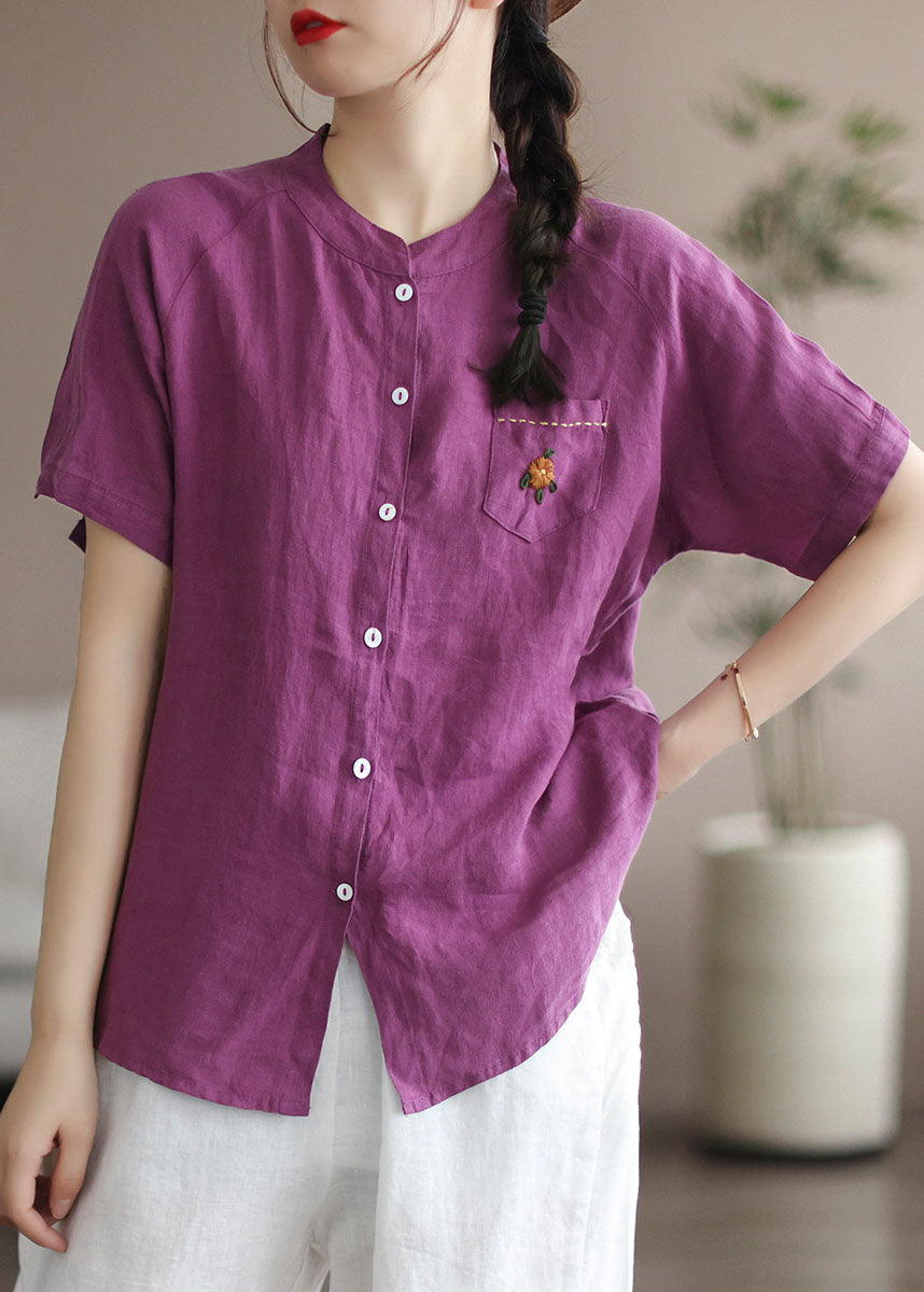 Purple Embroidered Patchwork Linen Blouse Top Summer