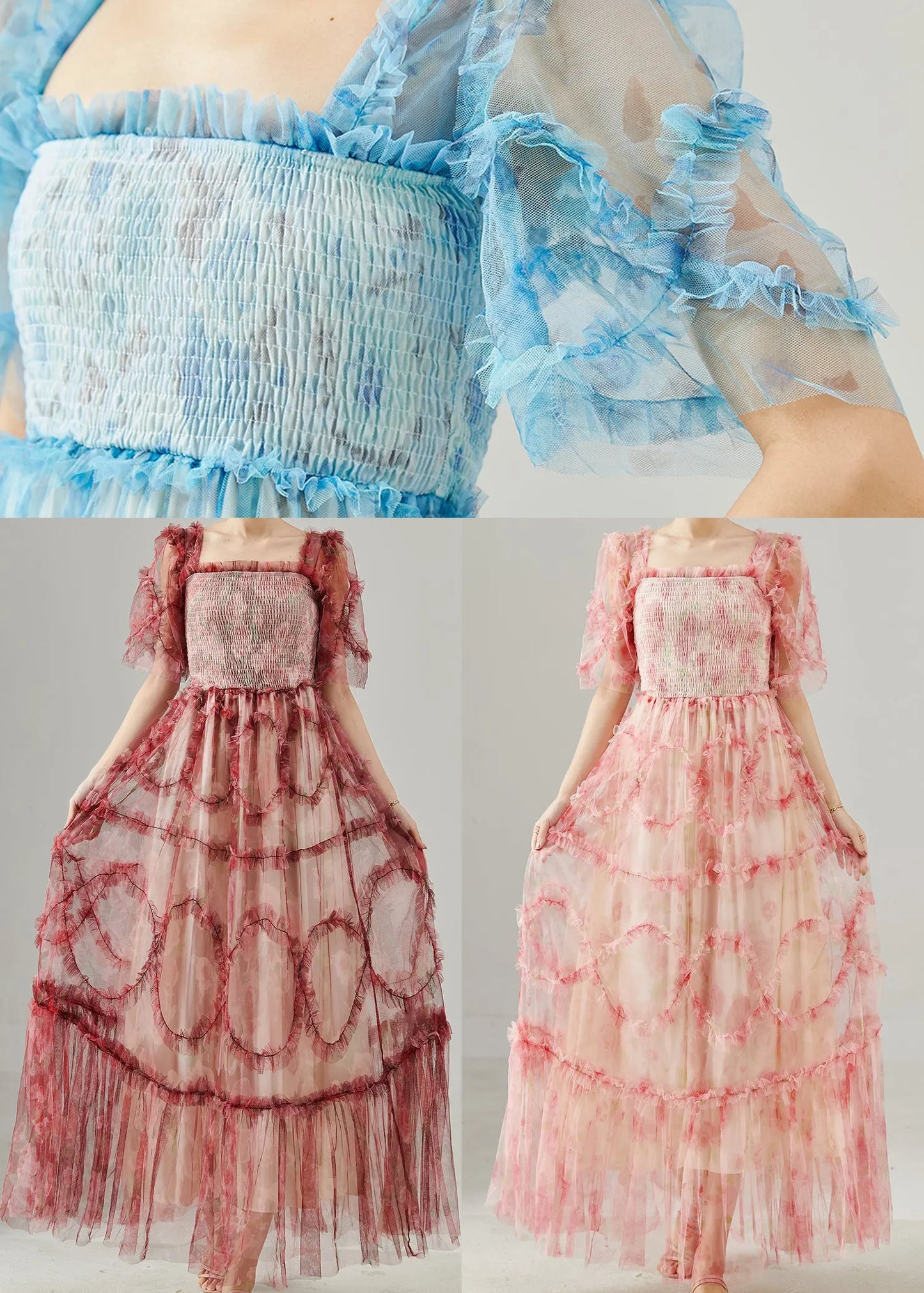 Blue Ruffled Patchwork Tulle Dresses Summer