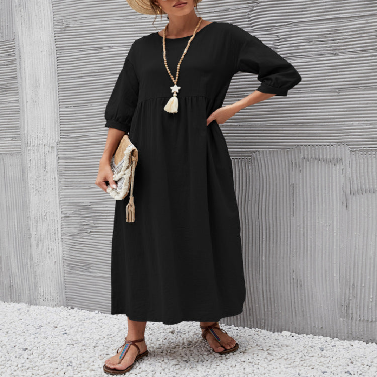 Spring Outfit Lantern Sleeve Loose Cotton and Linen Pocket Dress