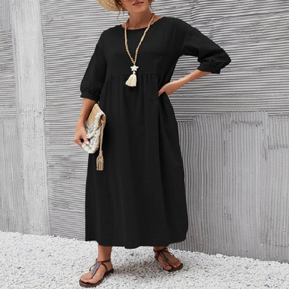 Spring Outfit Lantern Sleeve Loose Cotton and Linen Pocket Dress