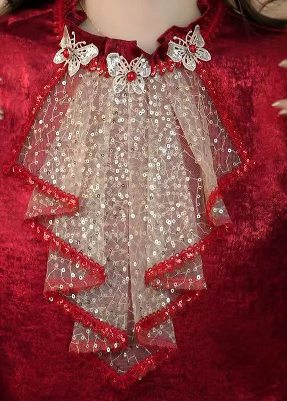 Red Ruffled Sequins Patchwork Silk Shirt Top Spring