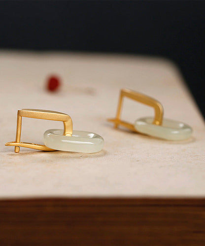 Gold Sterling Silver Overgild Jade Hoop Earrings