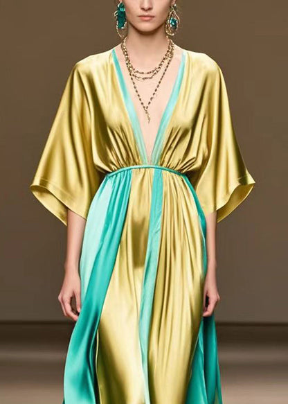 Golden V Neck Patchwork Silk Ankle Dress Summer