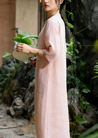 Pink Stand Collar Embroidered Linen Dresses Half Sleeve