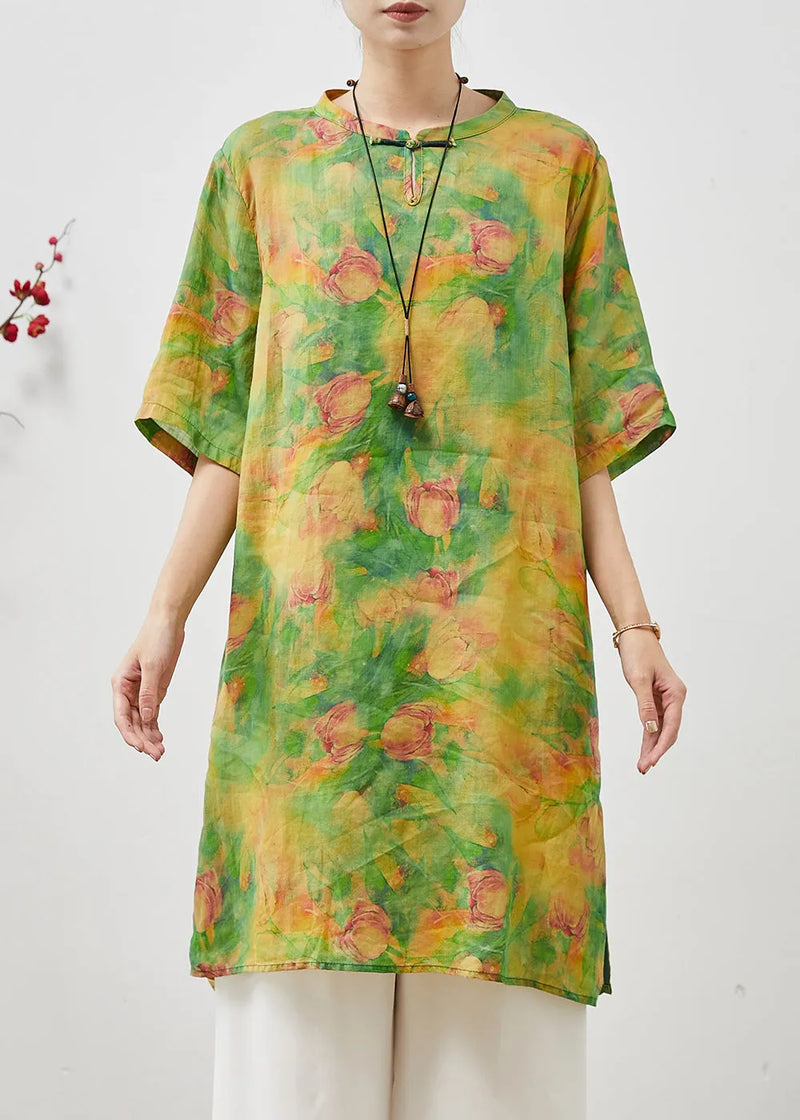 Green Tie Dye Linen Oriental Dress Summer