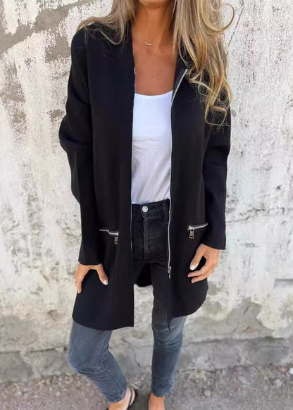 Black Zip Up Pockets Cotton Hooded Coats Fall