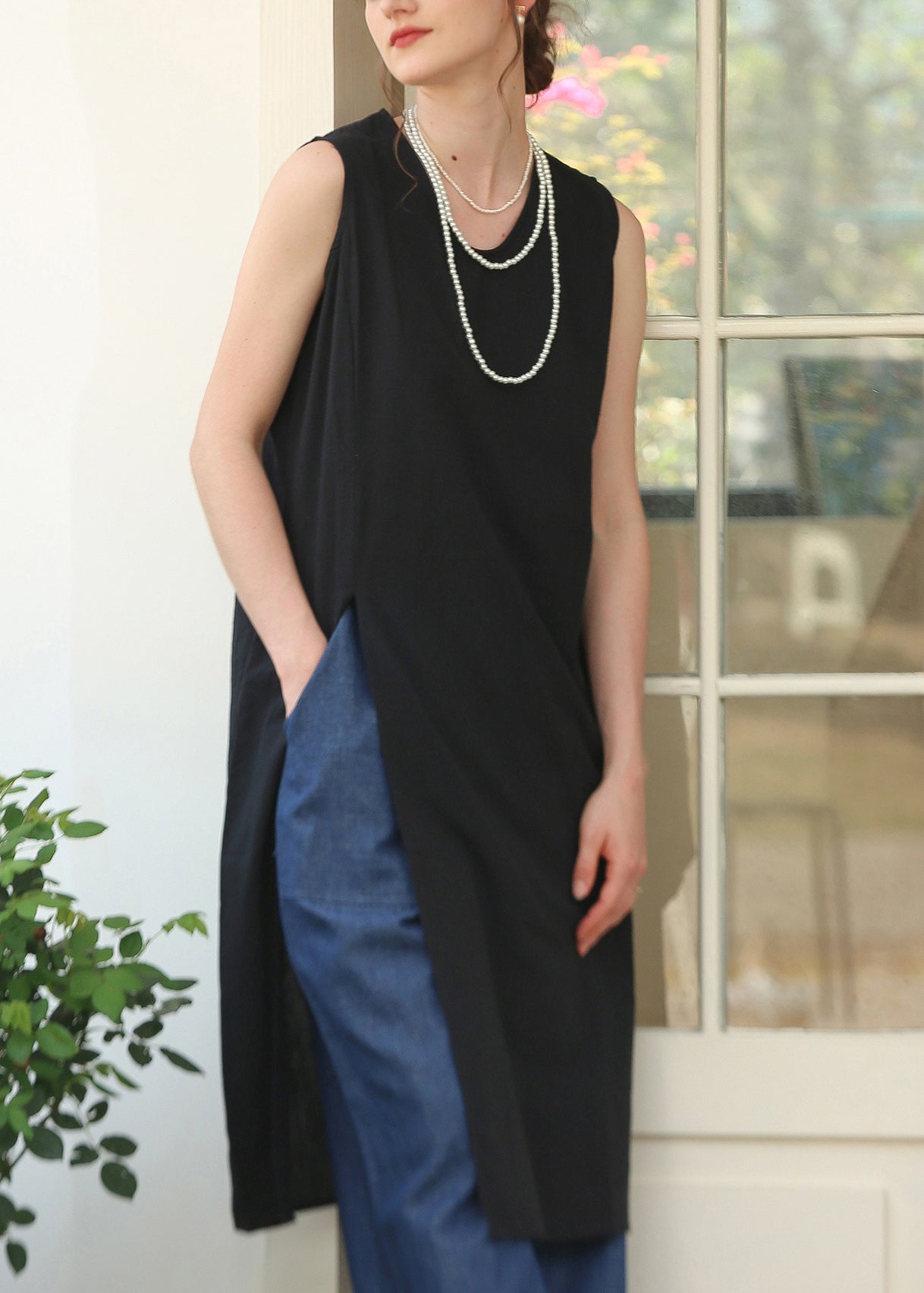 Fine Apricot O Neck Side Open Cotton Dress Sleeveless