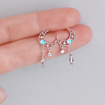 Celestial Blue Crescent Tassel Earrings