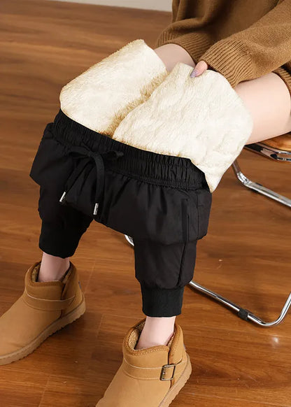 New Black Pockets Elastic Waist Thick Warm Fleece Beam Pants Winter