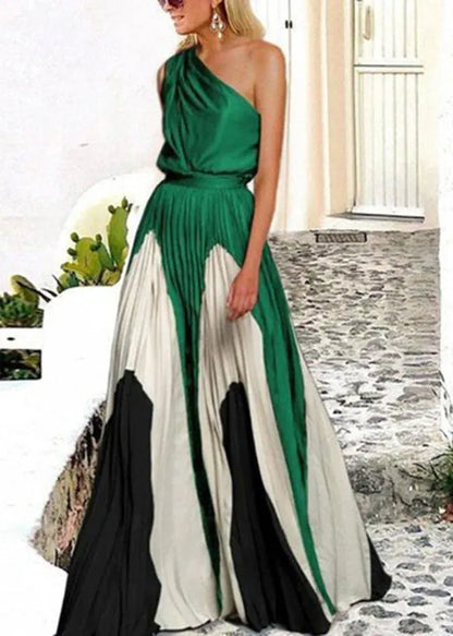Green One Shoulder Patchwork Cotton Dresses Summer