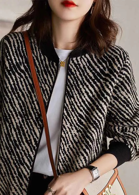 Black O-neck Zippered Striped Knit Coat Long Sleeve