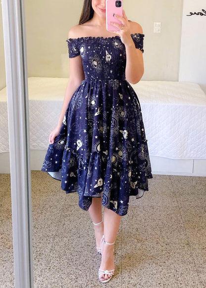 Sunflower Slash Neck Print Ruffled Cotton Dress Summer