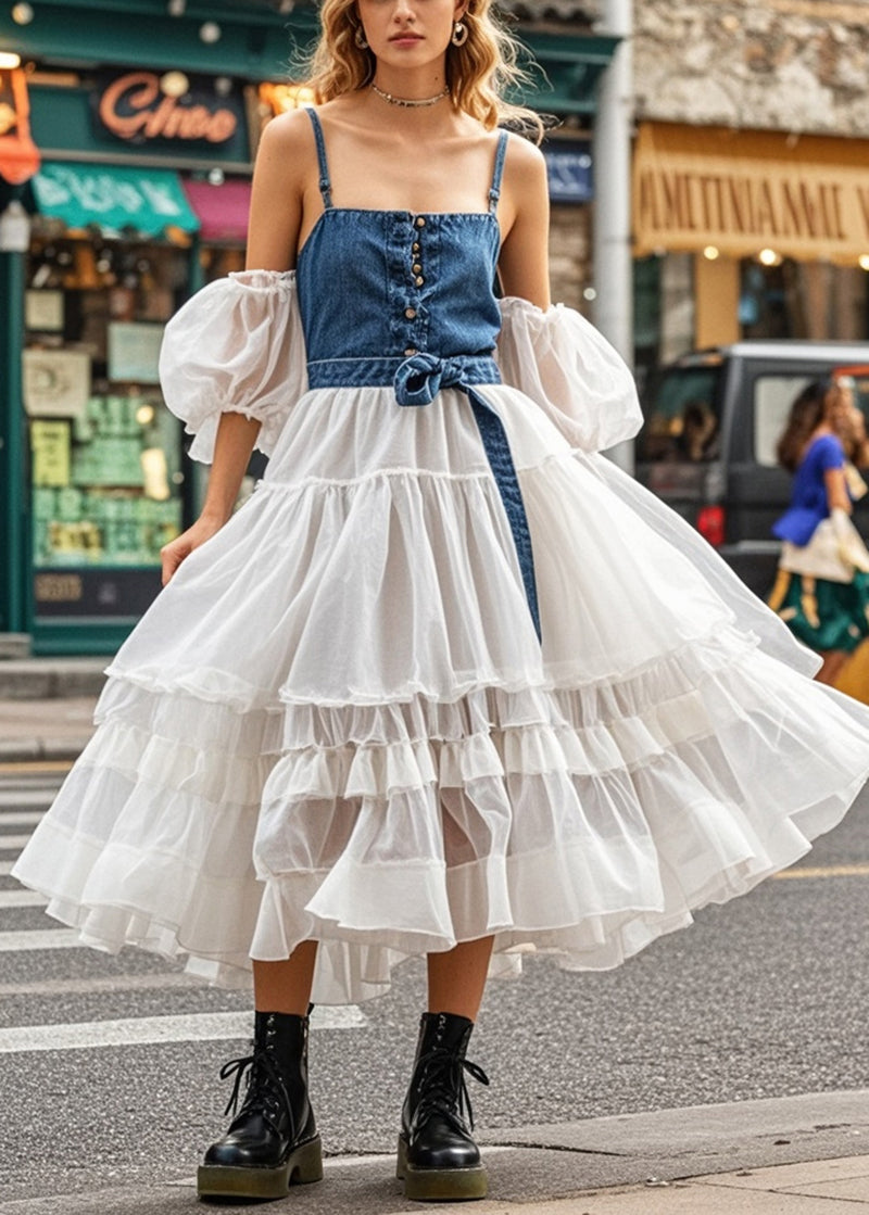 Cold Shoulder Patchwork Denim Tulle Maxi Dresses Puff Sleeve