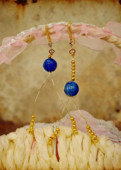 Retro Peacock Blue Tasseled Gem Stone Drop Earrings