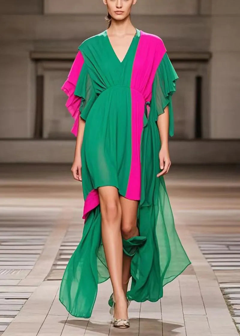 Green Asymmetrical Patchwork Chiffon Ankle Dress Summer