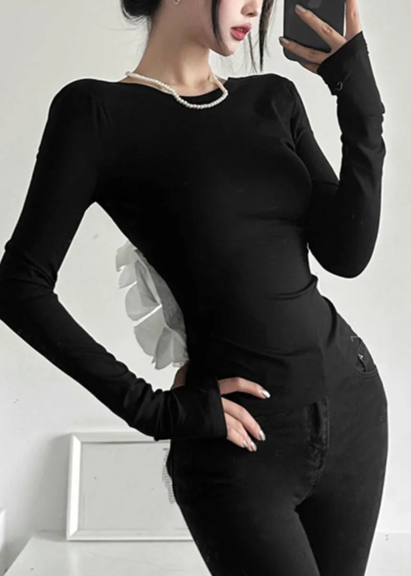 Black Patchwork Hollow Out Backless Top Fall