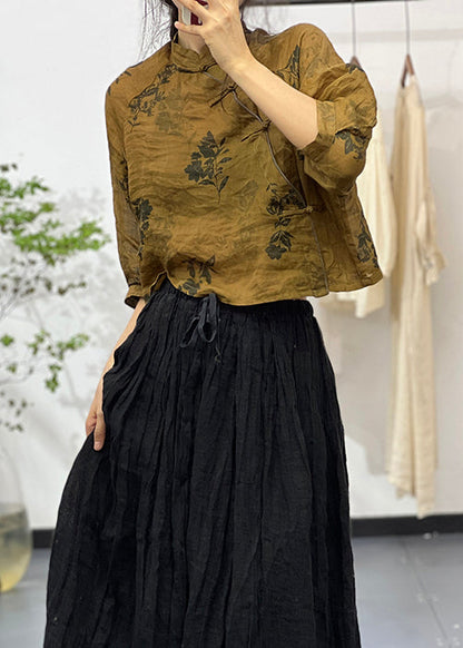Yellow Stand Collar Print Linen Top Bracelet Sleeve