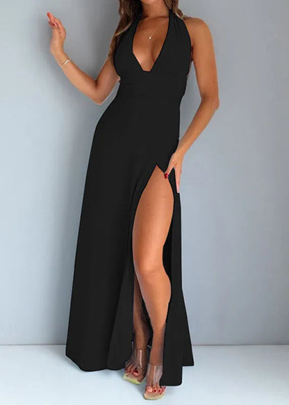 French White V Neck Backless Side Open Cotton Long Dress Sleeveless