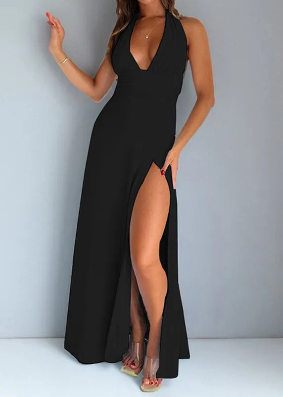 French White V Neck Backless Side Open Cotton Long Dress Sleeveless