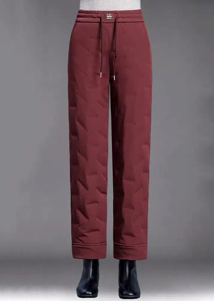 Fine Red Pockets Elastic Waist Duck Down Filled Straight Pants Winter