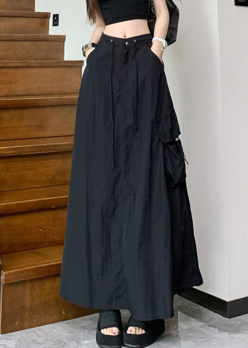 Black Pockets Drawstring High Waist Cotton Skirts Summer