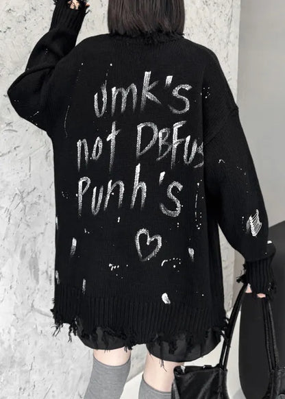 Black Graphic Hole Thick Cotton Knit Sweater Fall