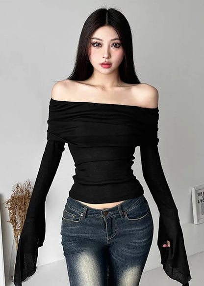 Style Black Cold Shoulder Cotton Blouse Top Long Sleeve