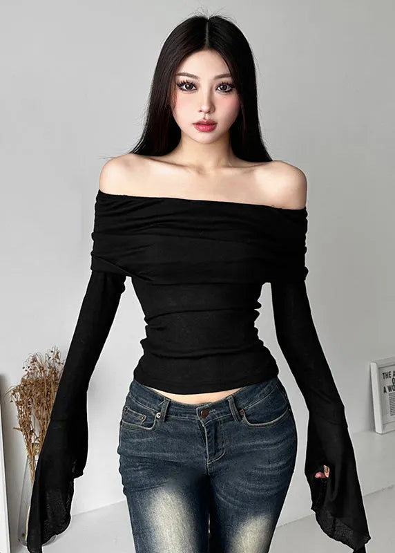 Style Black Cold Shoulder Cotton Blouse Top Long Sleeve