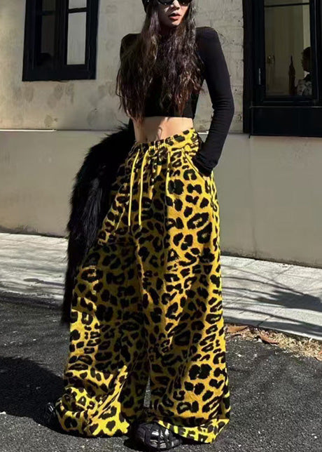 Yellow Oversized Leopard Print Warm Fleece Pants Spring
