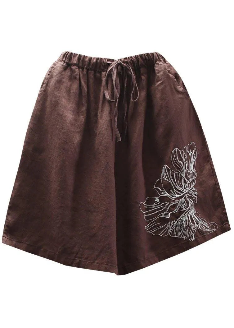 Art Chocolate Embroidered Tie Waist Linen Hot Pants