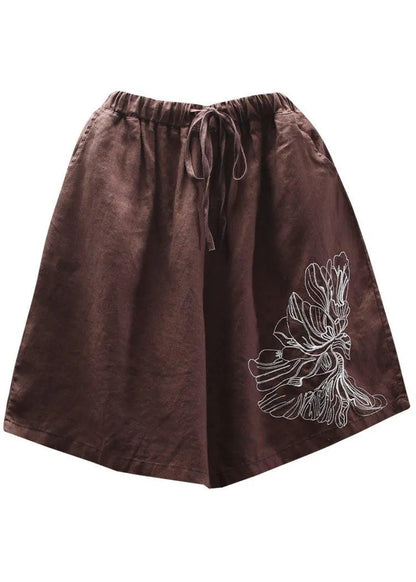 Art Chocolate Embroidered Tie Waist Linen Hot Pants