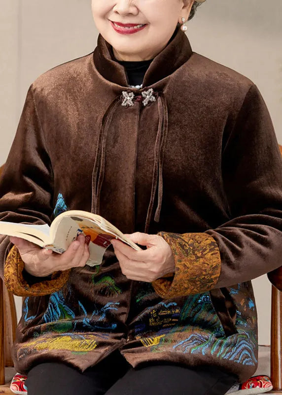 Coffee Print Pockets Silk Velvet Warm Coats Spring