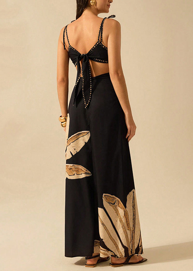 Black Backless Print Cotton Spaghetti Strap Dress Summer