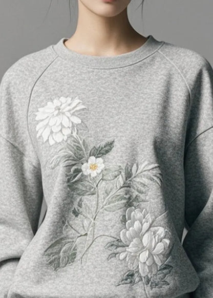 Modern Grey O-neck Print Sweatshirts Fall