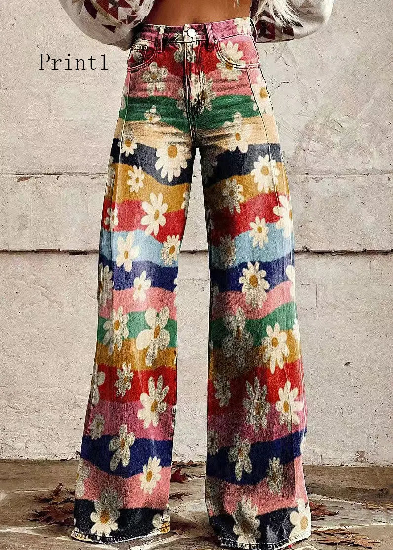 Loose Print High Waist Pockets Denim Pants Spring