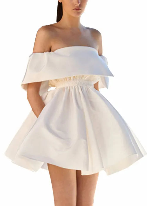 French White Slash Neck Cotton Mid Dress Summer